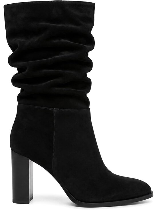 Shoes - Women's Black Suede Mid Calf Slouch Pointed Toe High Heel Side Zipper Boots